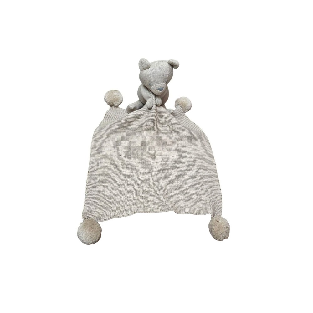 Pottery Barn Kids Cotton Knit Bear Baby Blanket &‎ Thumbie Set Beige Pom Pom 12